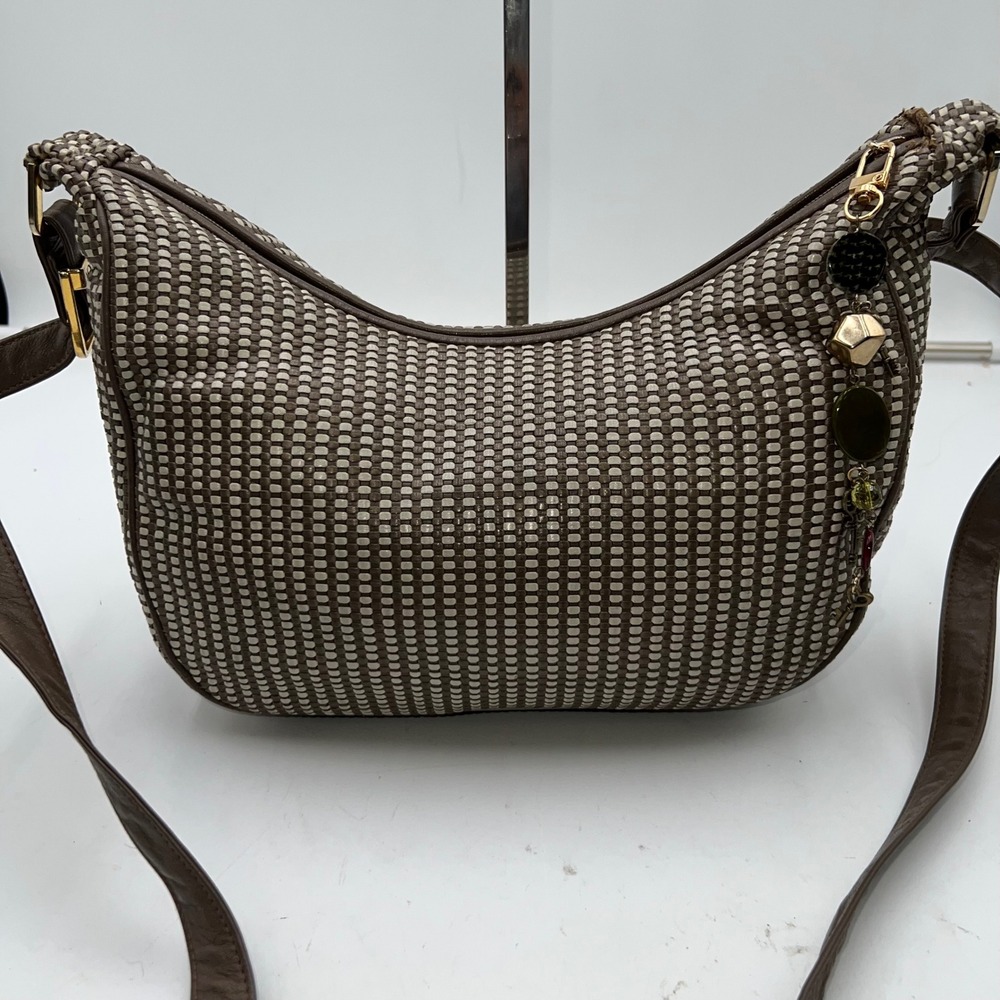 Ganson Vintage woven Hobo Shoulder Bag Brown White Leather Accents Charm Accent